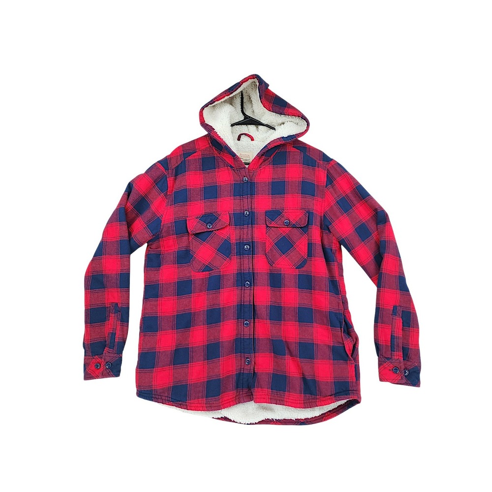 Boston Traders Sherpa Lined Flannel L Women Red Plaid Hooded Shirt Jacket Coat